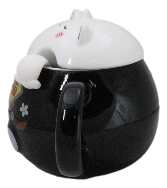 Ebros Gift Black Maneki Neko Beckoning Lucky Cat Mug Cup With Kitty Lid And Stirring Spoon