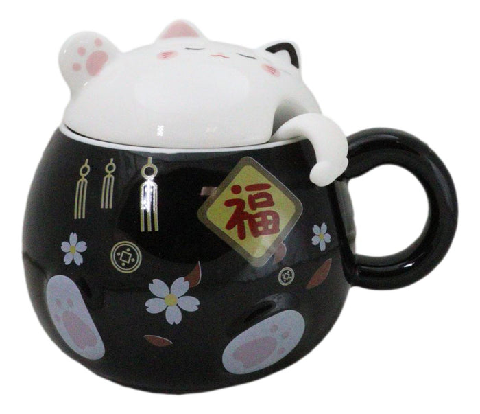 ebros gift Black Maneki Neko Beckoning Lucky Cat Mug Cup With Kitty Lid And Stirring Spoon