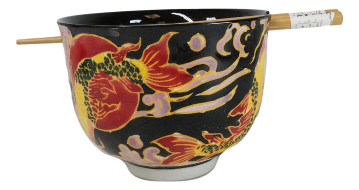 Ebros Gift Black Oriental Koi Fishes Ceramic Donburi Ramen Soup Bowl With Chopsticks Set