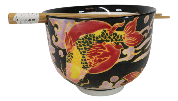 ebros gift Black Oriental Koi Fishes Ceramic Donburi Ramen Soup Bowl With Chopsticks Set