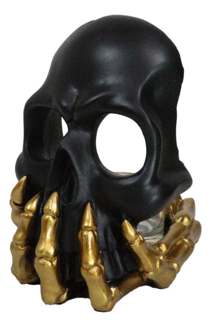 Ebros Gift Black Phantom Skull Mask On Gold Skeleton Hand Votive Tea Light Candle Holder