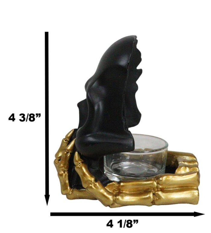 Ebros Gift Black Phantom Skull Mask On Gold Skeleton Hand Votive Tea Light Candle Holder
