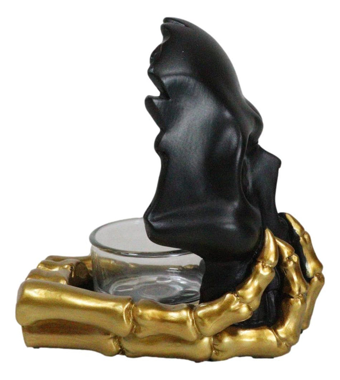 Ebros Gift Black Phantom Skull Mask On Gold Skeleton Hand Votive Tea Light Candle Holder