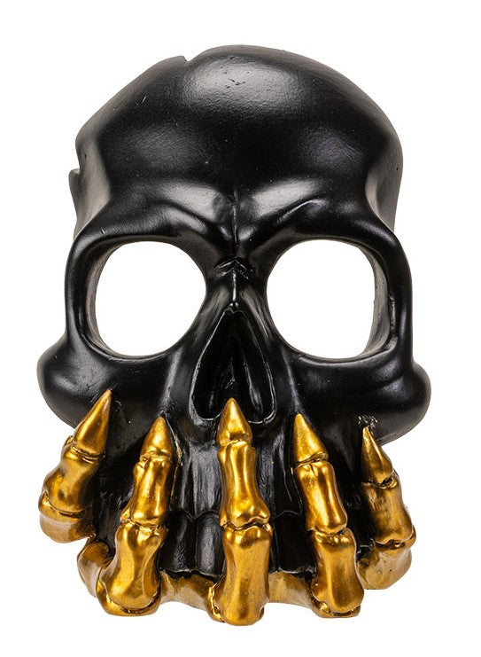 ebros gift Black Phantom Skull Mask On Gold Skeleton Hand Votive Tea Light Candle Holder