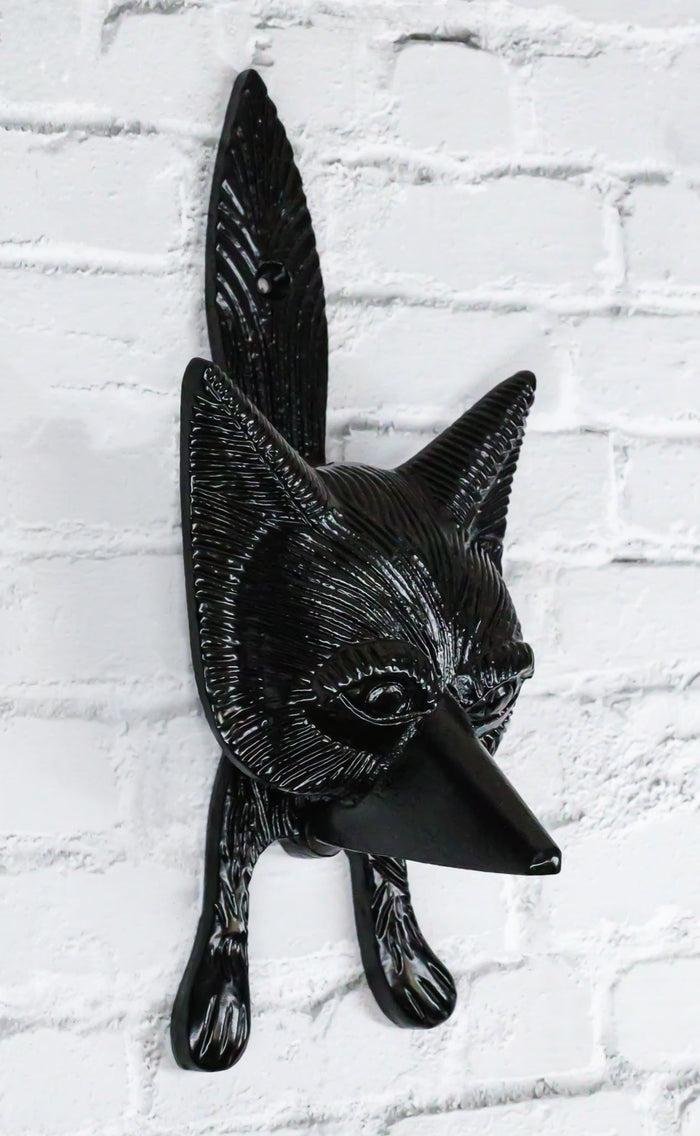 ebros gift Black Powder Cast Iron Rustic Whimsical Animal Chibi Fox Door Knocker Plaque