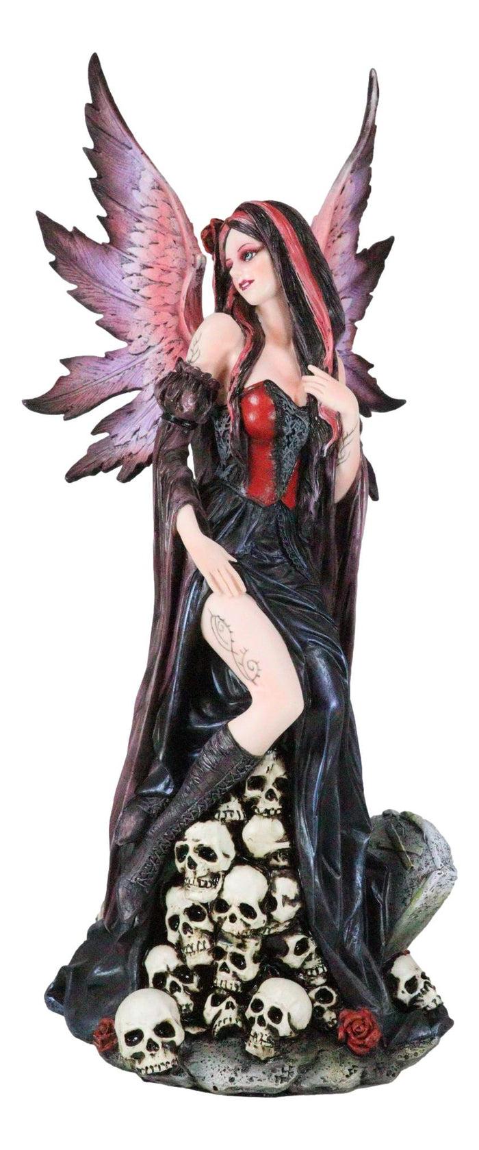 Ebros Gift Black Sorceress Skulls Fairy With Red Rose Standing On Tombstone Figurine 15"H