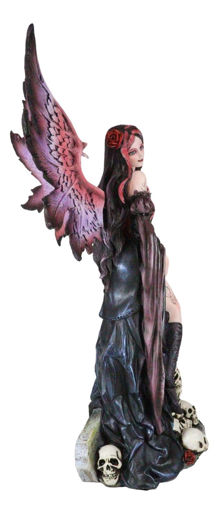 Ebros Gift Black Sorceress Skulls Fairy With Red Rose Standing On Tombstone Figurine 15"H