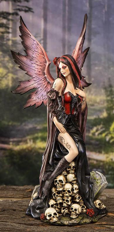 ebros gift Black Sorceress Skulls Fairy with Red Rose Standing On Tombstone Figurine 15"H