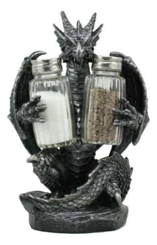 Ebros Gift Blackened Spice Medieval Gothic Dragon Salt And Pepper Shakers Set Holder Statue
