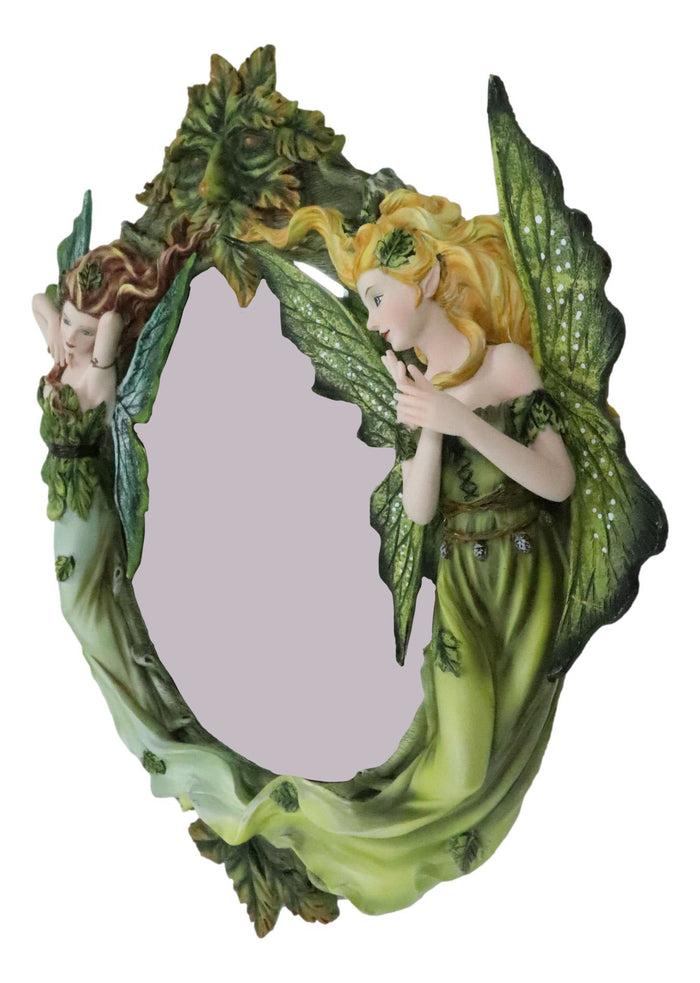 Ebros Gift Blonde And Brunette Fairies In Enchanted Forest With Greenman Wall Mirror Decor