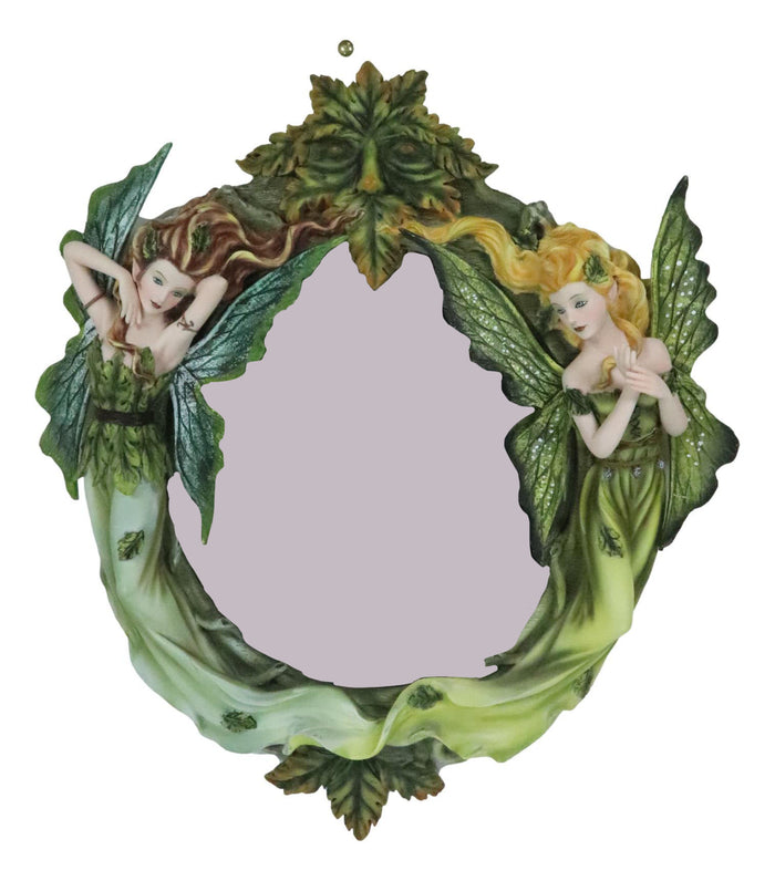 Ebros Gift Blonde And Brunette Fairies In Enchanted Forest With Greenman Wall Mirror Decor