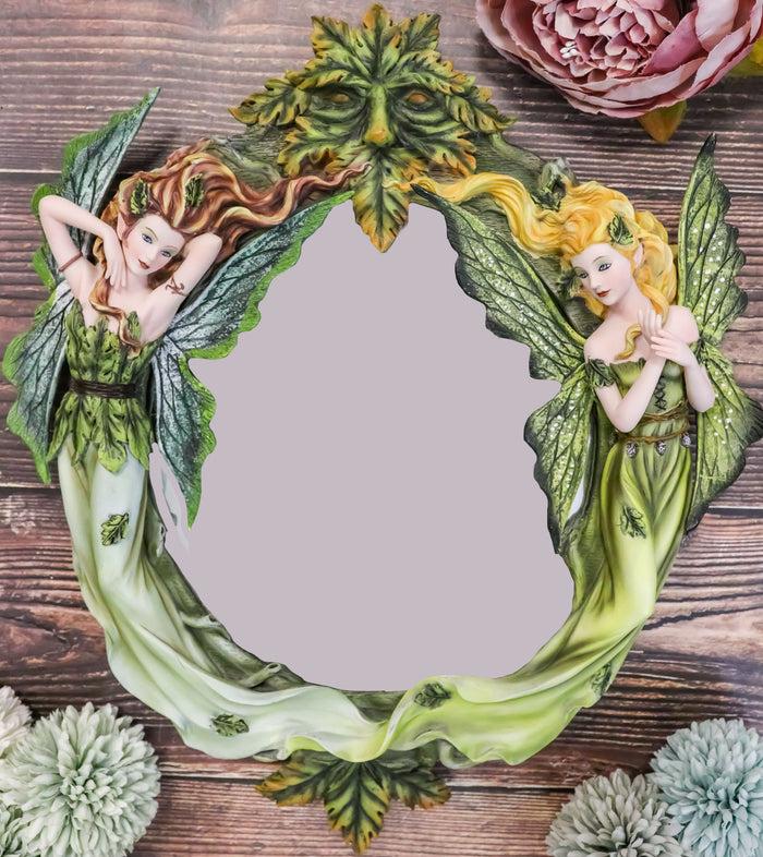 ebros gift Blonde And Brunette Fairies In Enchanted Forest with Greenman Wall Mirror Decor