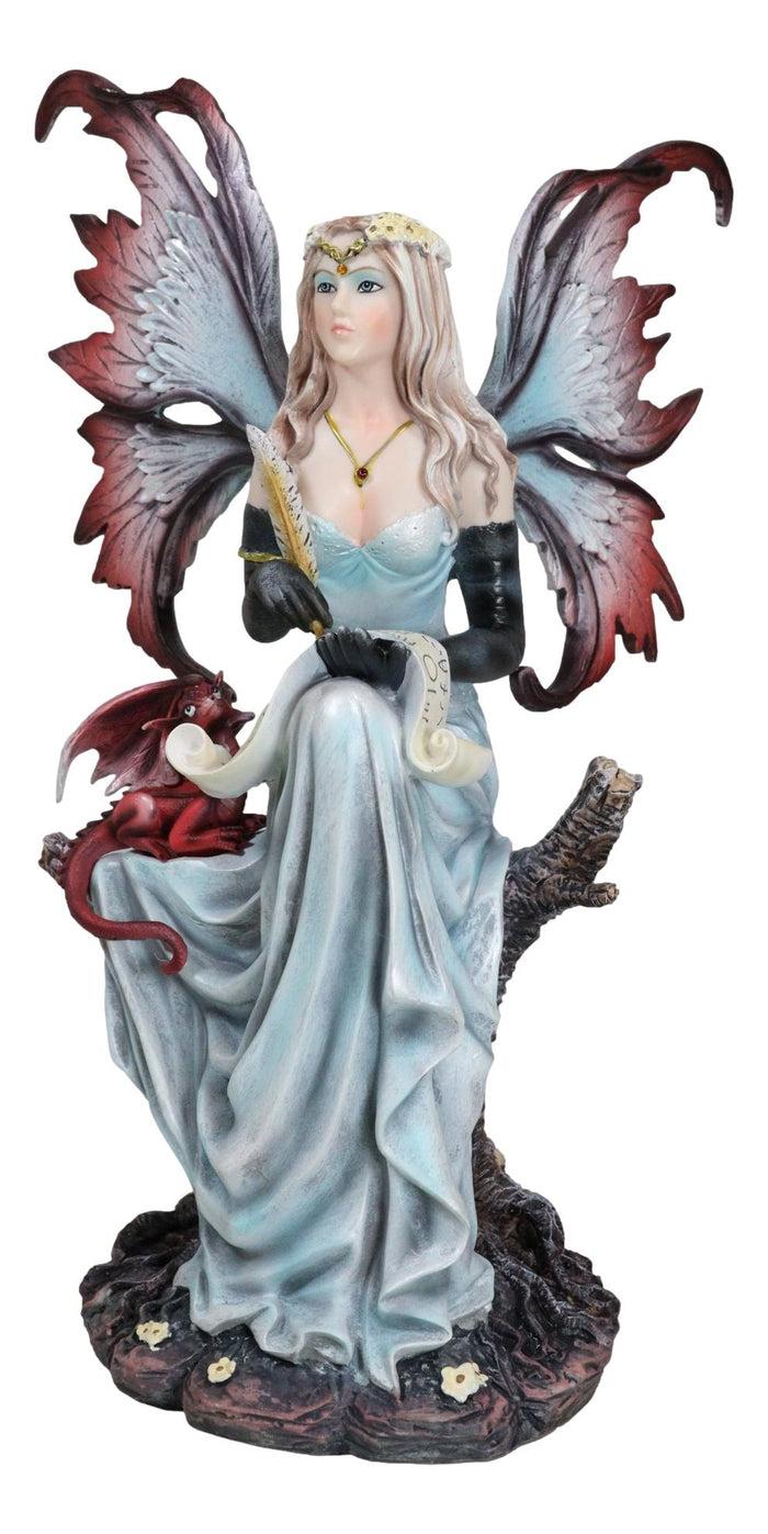 Ebros Gift Blonde Fairy Scribe And Red Dragon Writing On Dragons Tales Scroll Figurine