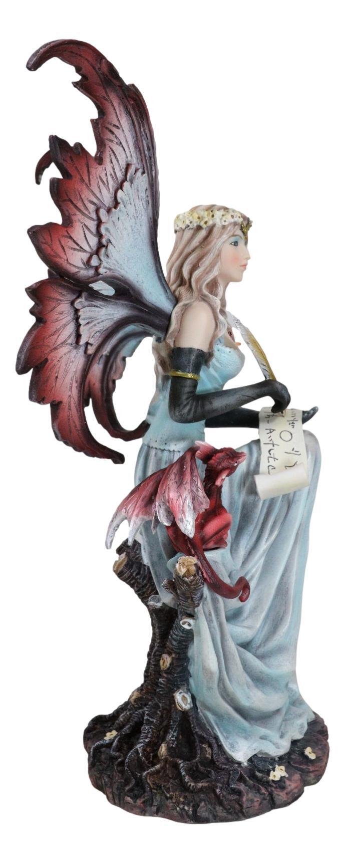 Ebros Gift Blonde Fairy Scribe And Red Dragon Writing On Dragons Tales Scroll Figurine