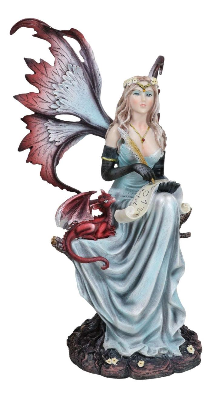 Ebros Gift Blonde Fairy Scribe And Red Dragon Writing On Dragons Tales Scroll Figurine