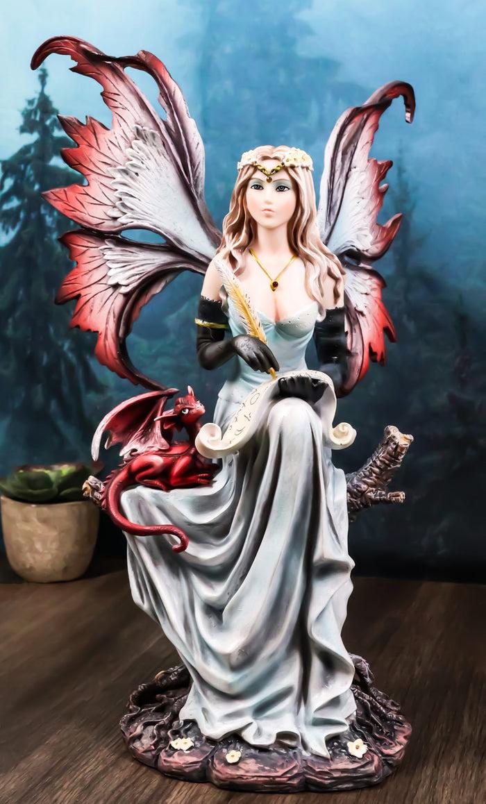 ebros gift Blonde Fairy Scribe And Red Dragon Writing On Dragons Tales Scroll Figurine