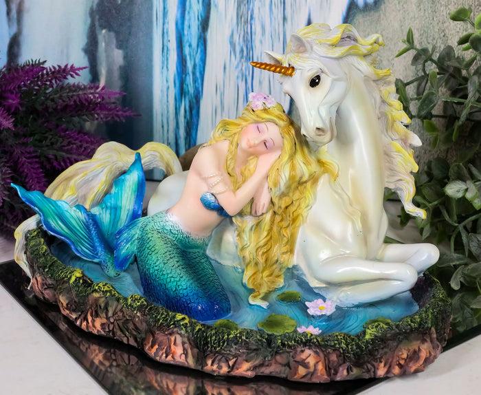 ebros gift Blonde Mermaid Siren Princess Ariel With Rare White Unicorn In Lily Pond Statue