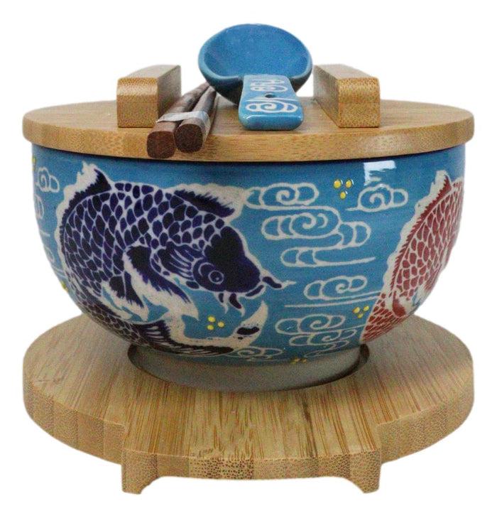 Ebros Gift Blue And Red Koi Fishes Donburi Ramen Bowl With Lid Trivet Spoon Chopsticks Set