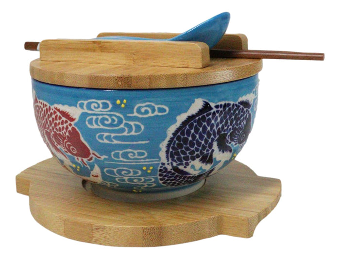 Ebros Gift Blue And Red Koi Fishes Donburi Ramen Bowl With Lid Trivet Spoon Chopsticks Set