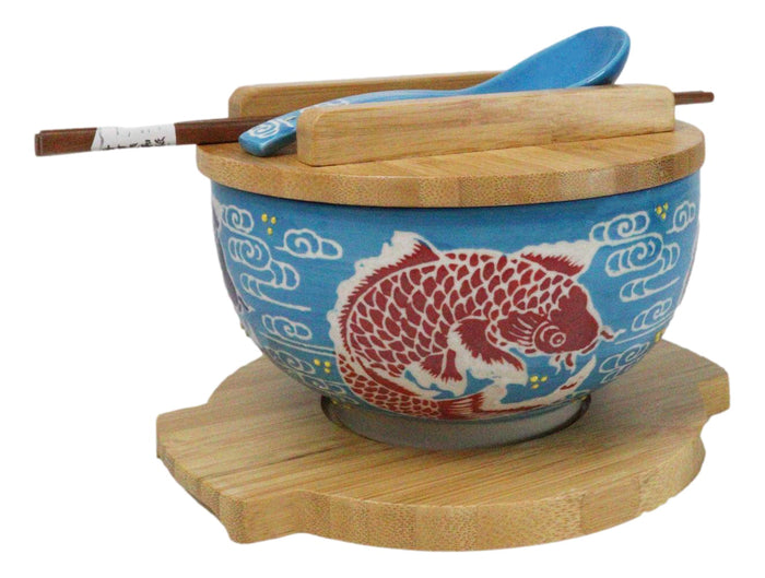 ebros gift Blue And Red Koi Fishes Donburi Ramen Bowl With Lid Trivet Spoon Chopsticks Set