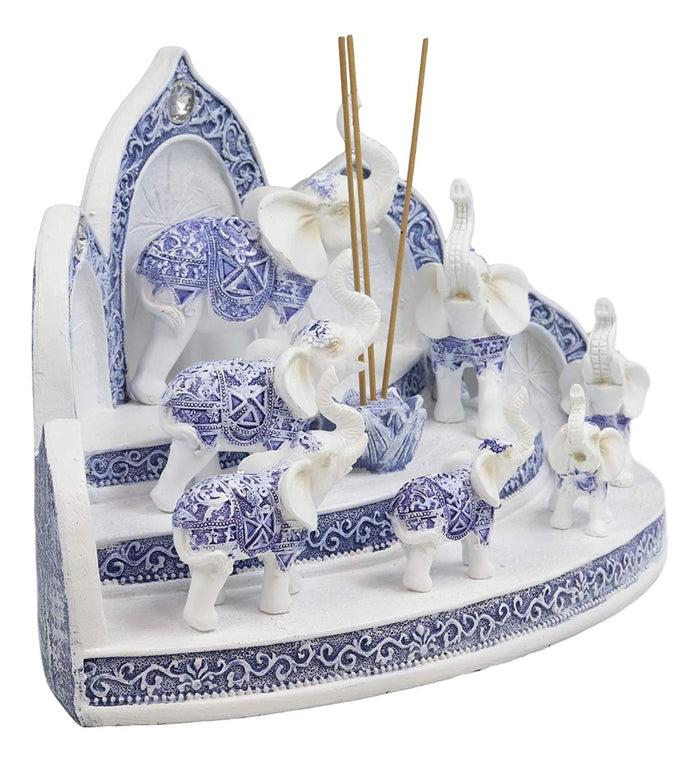 Ebros Gift Blue And White Miniature Thai Elephants With Buddha Shrine Display Figurine Set