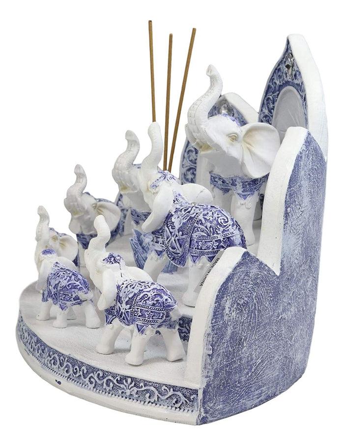 Ebros Gift Blue And White Miniature Thai Elephants With Buddha Shrine Display Figurine Set