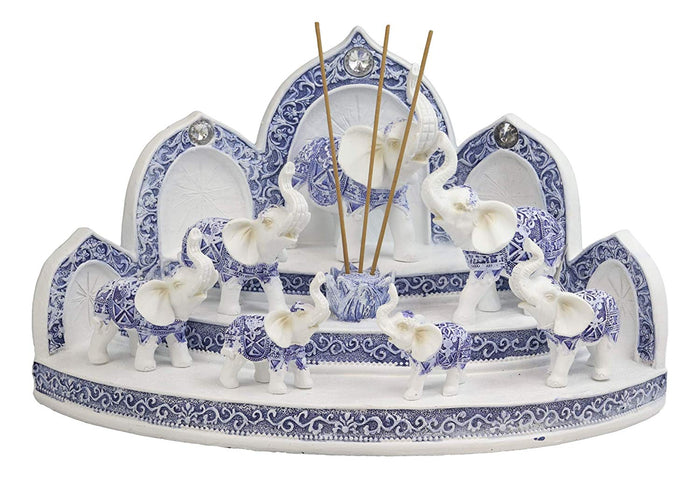ebros gift Blue And White Miniature Thai Elephants With Buddha Shrine Display Figurine Set