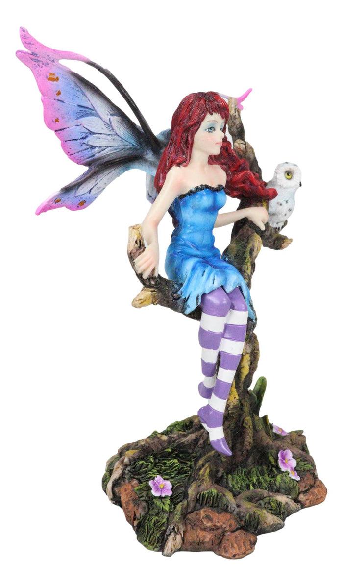 Ebros Gift Blue Avatar Butterfly Fairy With Snow Owl Sitting On Magic Forest Tree Figurine