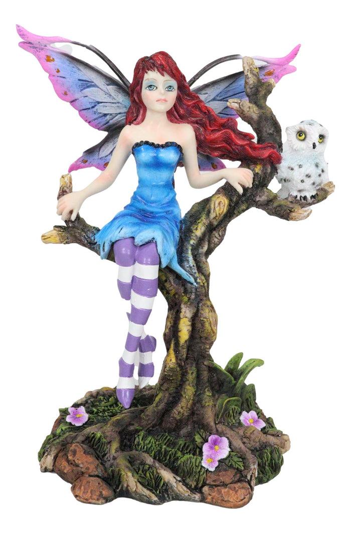 Ebros Gift Blue Avatar Butterfly Fairy With Snow Owl Sitting On Magic Forest Tree Figurine