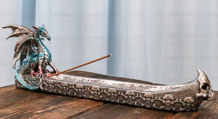 ebros gift Blue Azureo Dragon On River Styx Boat of Skulls Incense Burner Holder Figurine