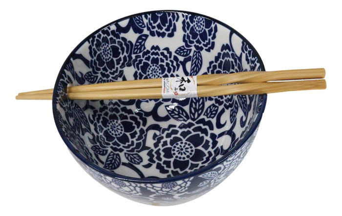Ebros Gift Blue Botanica Floral Blossoms 20Oz Donburi Ramen Soup Bowl With Chopsticks Set