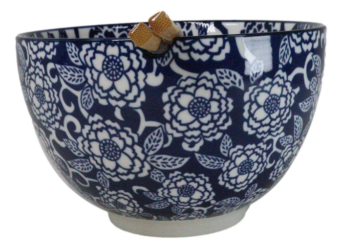 Ebros Gift Blue Botanica Floral Blossoms 20Oz Donburi Ramen Soup Bowl With Chopsticks Set
