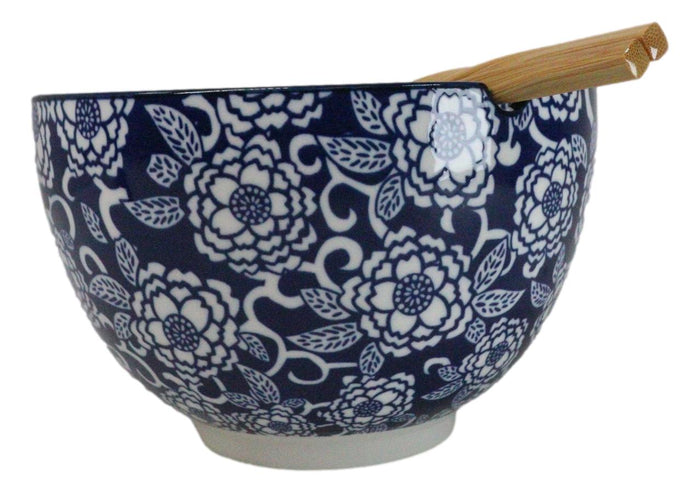 Ebros Gift Blue Botanica Floral Blossoms 20Oz Donburi Ramen Soup Bowl With Chopsticks Set