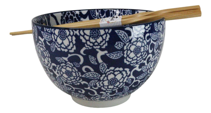 ebros gift Blue Botanica Floral Blossoms 20Oz Donburi Ramen Soup Bowl With Chopsticks Set