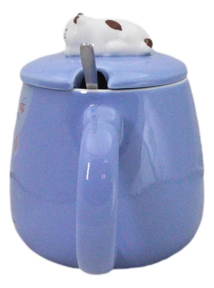 Ebros Gift Blue Calico Cat Love Star Coffee Mug Cup With Spoon And Kitten Knob Lid 15oz