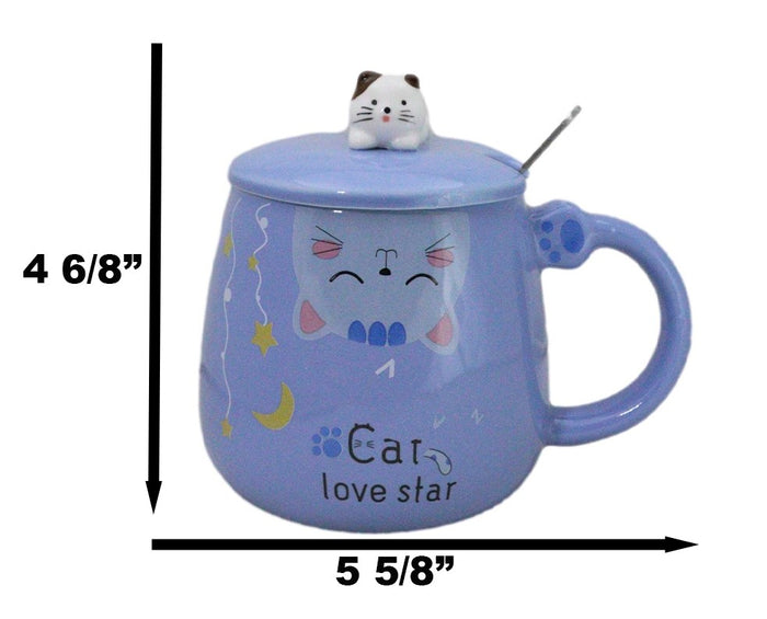 Ebros Gift Blue Calico Cat Love Star Coffee Mug Cup With Spoon And Kitten Knob Lid 15oz