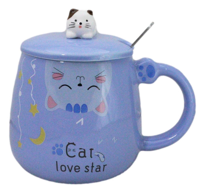 ebros gift Blue Calico Cat Love Star Coffee Mug Cup With Spoon And Kitten Knob Lid 15oz