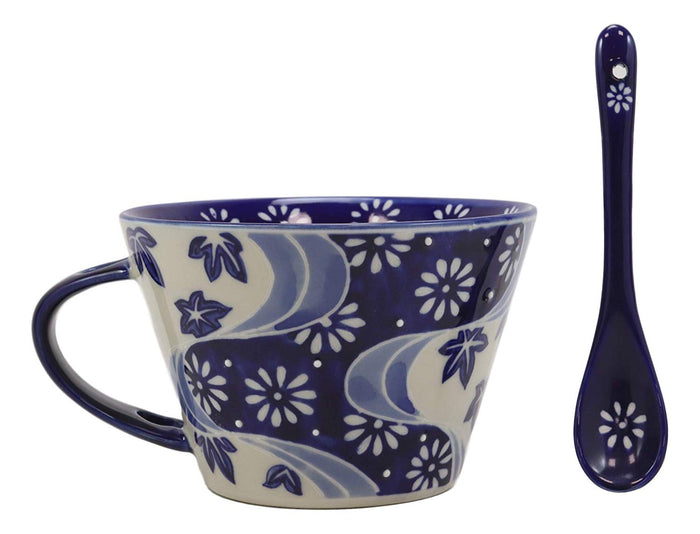 Ebros Gift Blue Chrysanthemum Breeze Porcelain Coffee Tea Cafe Mug With Spoon 12oz