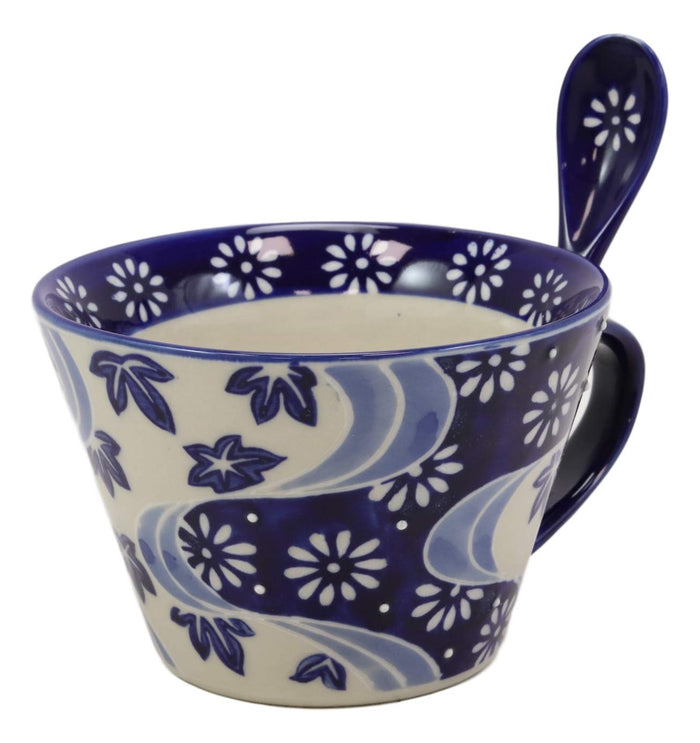 Ebros Gift Blue Chrysanthemum Breeze Porcelain Coffee Tea Cafe Mug With Spoon 12oz