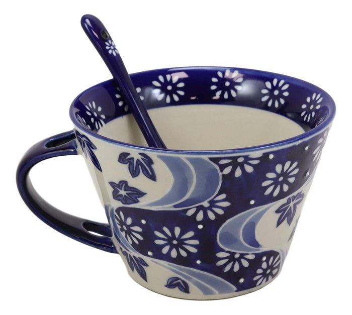Ebros Gift Blue Chrysanthemum Breeze Porcelain Coffee Tea Cafe Mug With Spoon 12oz