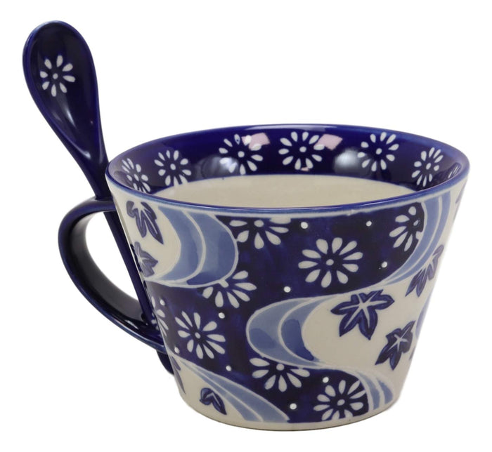 ebros gift Blue Chrysanthemum Breeze Porcelain Coffee Tea Cafe Mug With Spoon 12oz