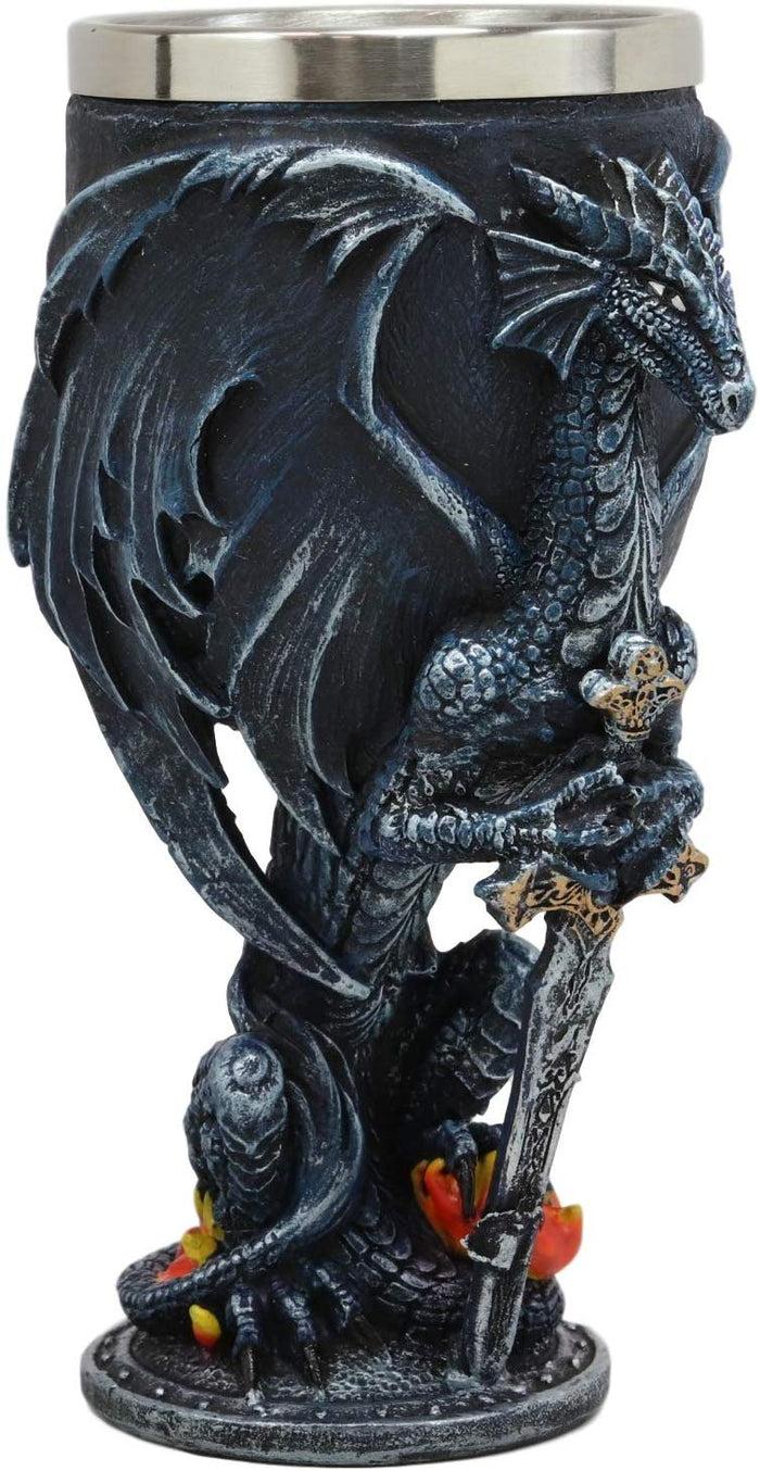 Ebros Gift Blue Divine Fire Winged Dragon With Excalibur Sword Wine Goblet Chalice Cup 7oz