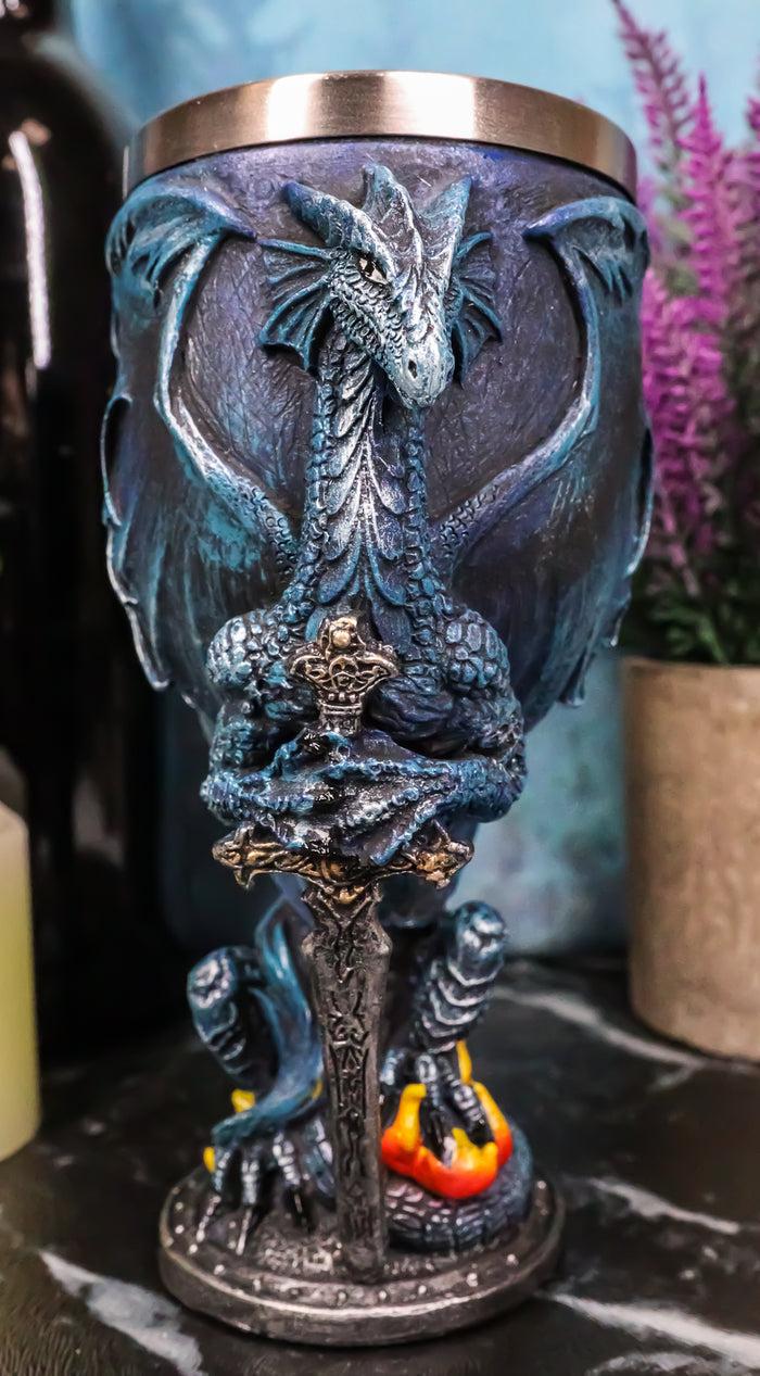 ebros gift Blue Divine Fire Winged Dragon With Excalibur Sword Wine Goblet Chalice Cup 7oz