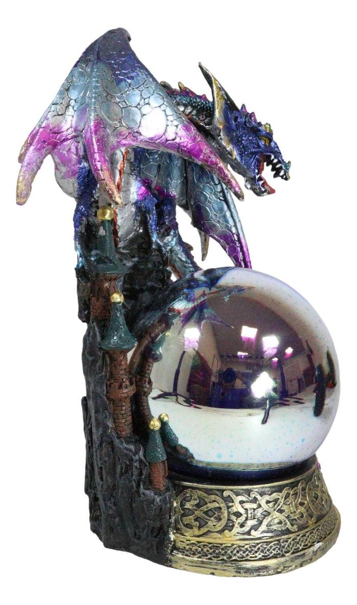 Ebros Gift Blue Dragon Perching On Castle Top With Celtic Base And LED Optic Ball Statue