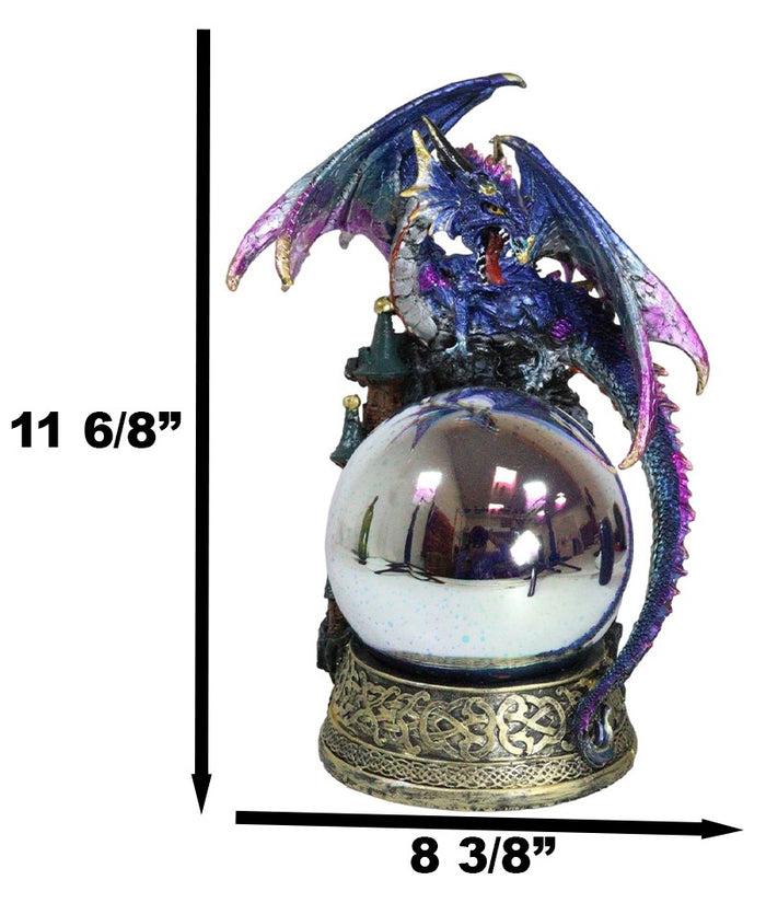 Ebros Gift Blue Dragon Perching On Castle Top With Celtic Base And LED Optic Ball Statue