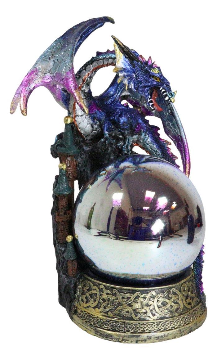 Ebros Gift Blue Dragon Perching On Castle Top With Celtic Base And LED Optic Ball Statue