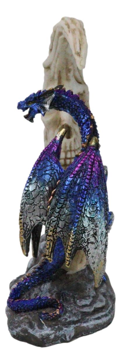 Ebros Gift Blue Dragon With Baby Wyrmling Perching On Bone Skull Crescent Moon Figurine