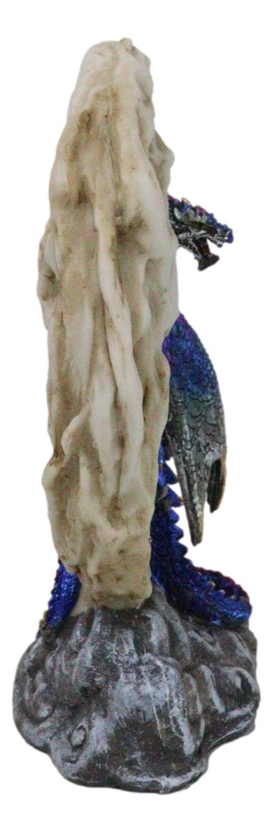 Ebros Gift Blue Dragon With Baby Wyrmling Perching On Bone Skull Crescent Moon Figurine
