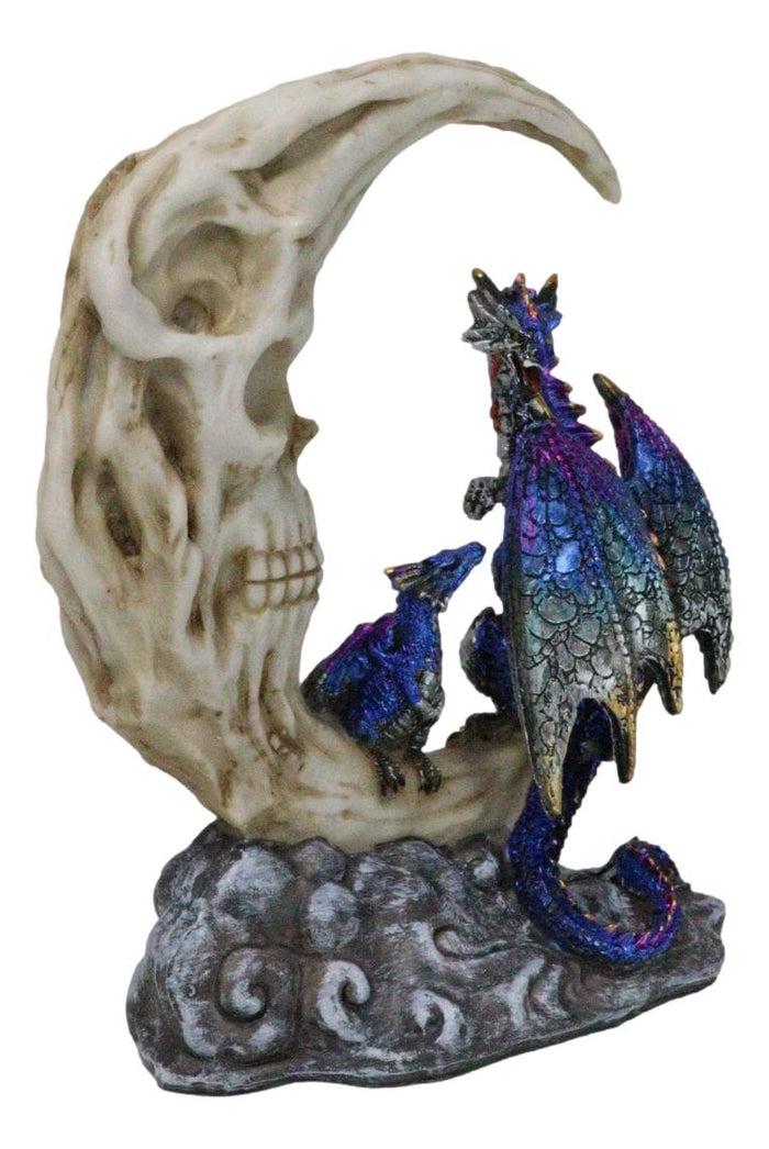 Ebros Gift Blue Dragon With Baby Wyrmling Perching On Bone Skull Crescent Moon Figurine
