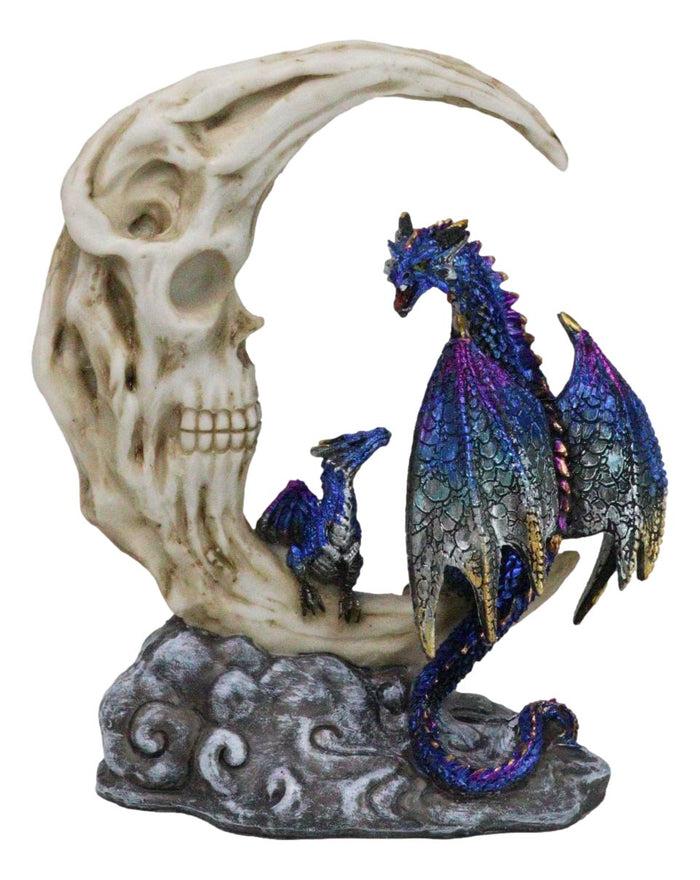 ebros gift Blue Dragon With Baby Wyrmling Perching On Bone Skull Crescent Moon Figurine
